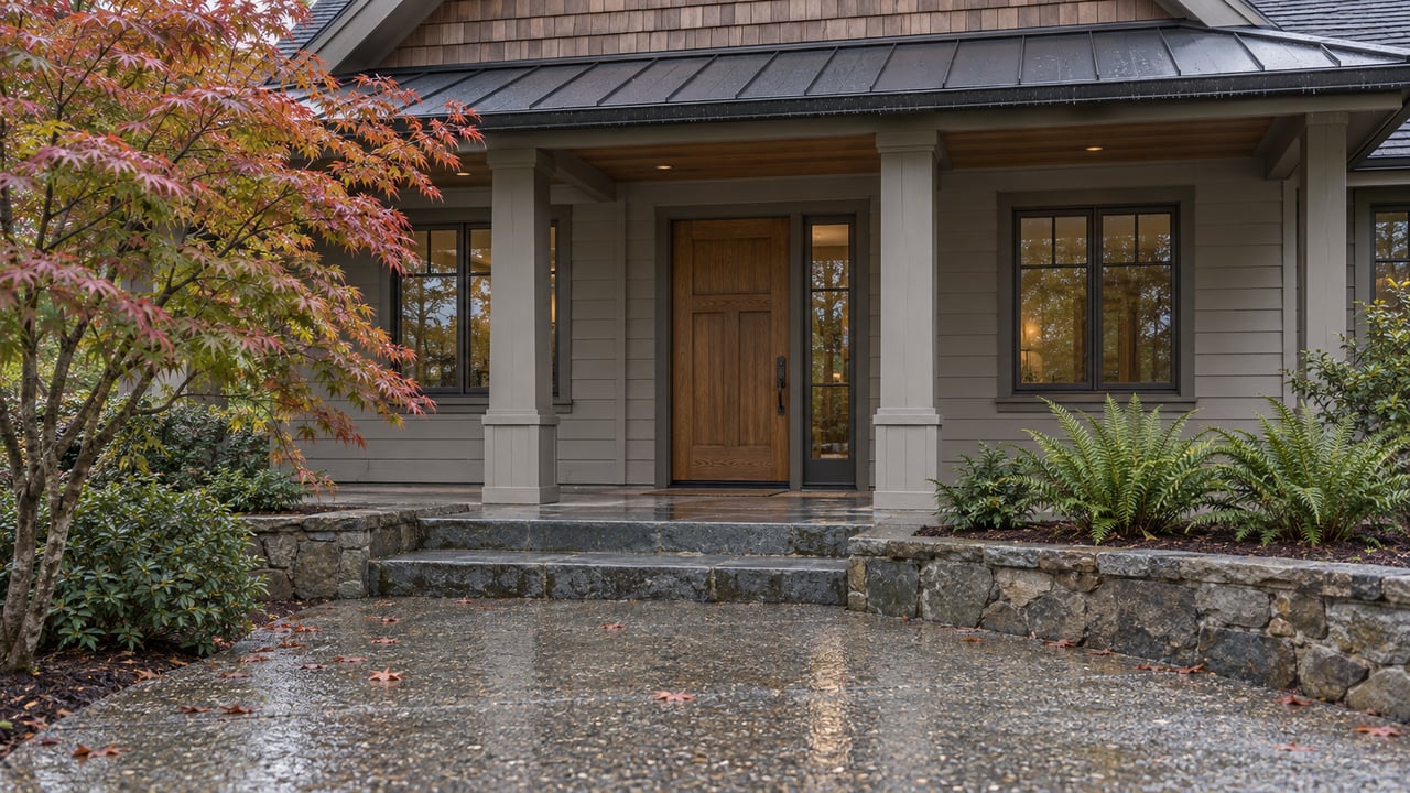Rain-darkened house entry with oak door, bluestone steps, wet aggregate path, and leafy raised planting bed.
