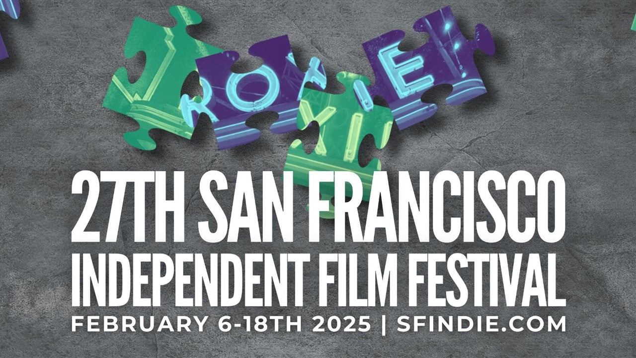 Promotional graphic for the 27th San Francisco Independent Film Festival, taking place from February 6–18, 2025. The design features a textured gray background with puzzle pieces displaying neon letters and architectural details, with bold white text providing event details and the website SFIndie.com.