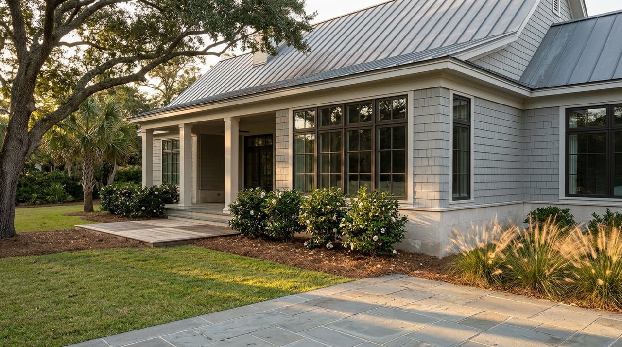 Custom home with gray shingle siding, metal roof, covered loggia, bluestone terrace, and landscaped lawn beneath a live oak.