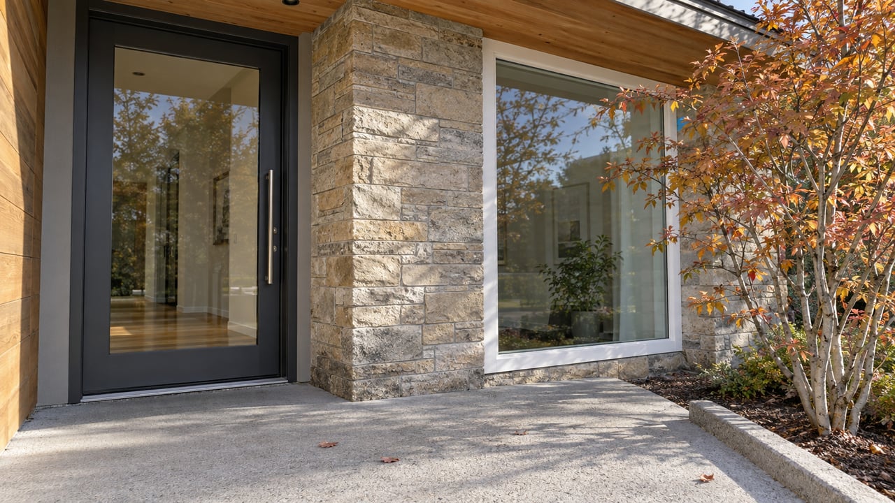 Closed glazed entry beside buff sandstone, warm wood porch soffit and copper-leaved serviceberry above a concrete landing.