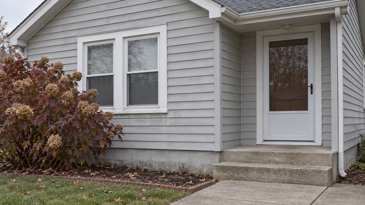 Small gray-sided cottage with paired front windows, a storm-door entry, concrete steps and burgundy oakleaf hydrangea.