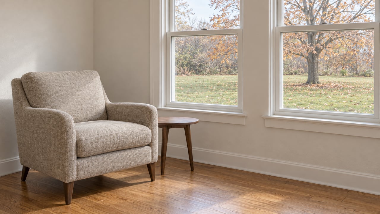 Daylight falls through closed living-room windows onto an oatmeal armchair and oak floor, with a late-autumn maple outside.