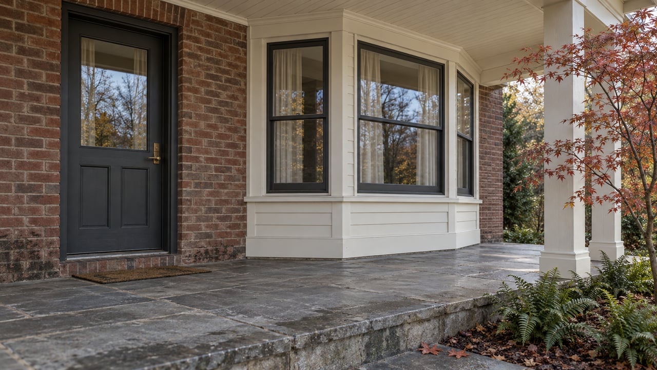 Covered porch with red-brown brick, ivory siding, charcoal entry door, glazed bay windows, and autumn Japanese maple beside a raised stone floor.