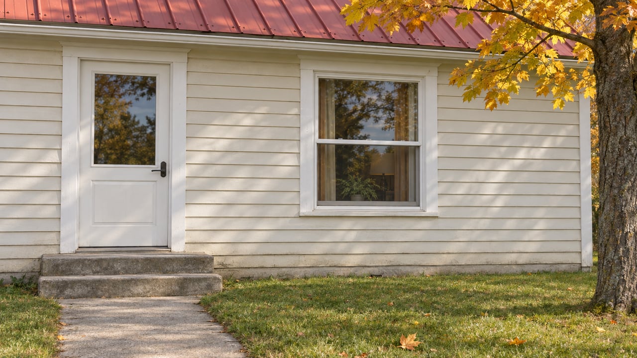 Light-sided house with a red metal roof, white entry door, and concrete steps beneath autumn leaves.