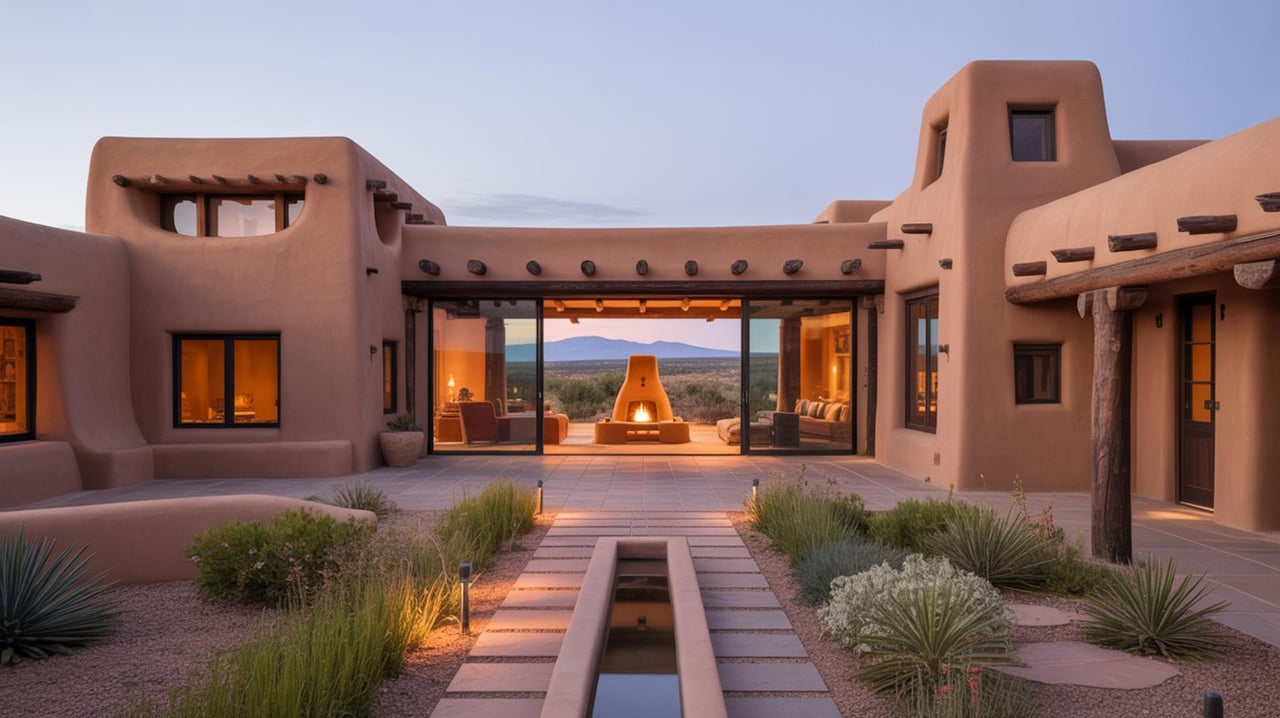 Adobe-style desert home with a central reflecting pool, landscaped courtyard, and distant mountains.