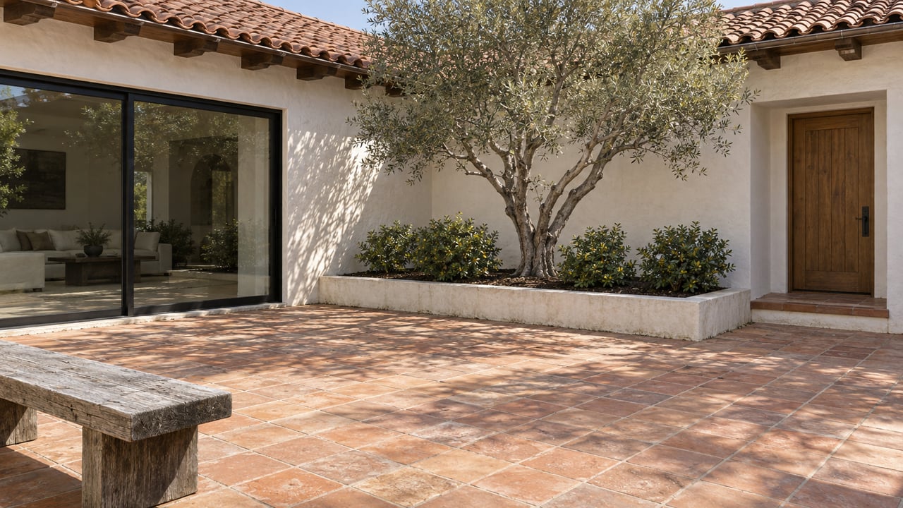 Sunlit residential courtyard with terracotta paving, white stucco, timber eaves and a sculptural olive tree beside closed glass doors.