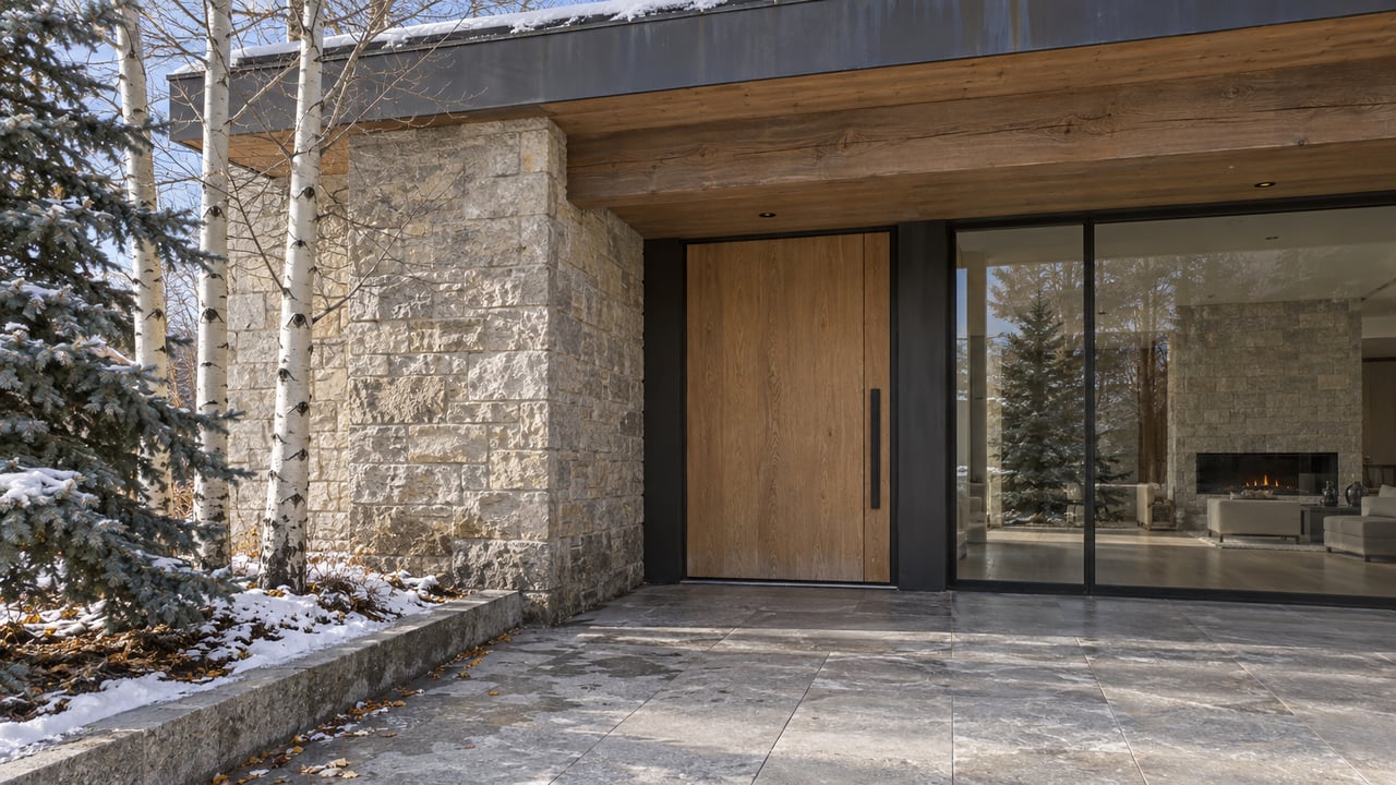 A sheltered luxury home entrance with limestone walls, an oak door and enclosed glass beside bare aspens and traces of snow.