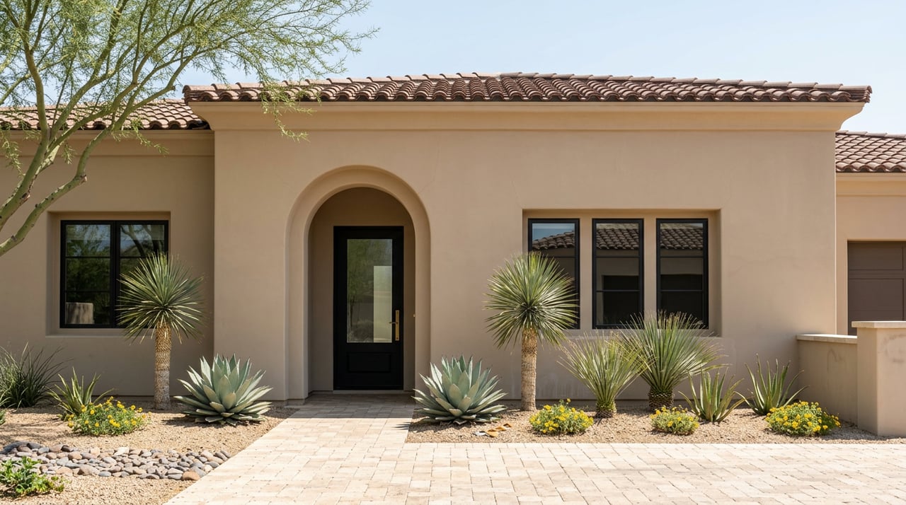 Sand-beige desert estate with an arched entry, barrel-tile roof, agaves, and a gravel garden.
