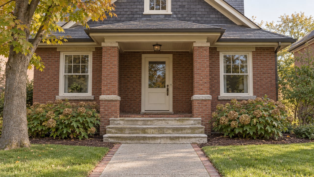 Red-brown brick bungalow with a sheltered ivory front door, paired windows, limestone steps and an autumn garden beside its concrete approach.