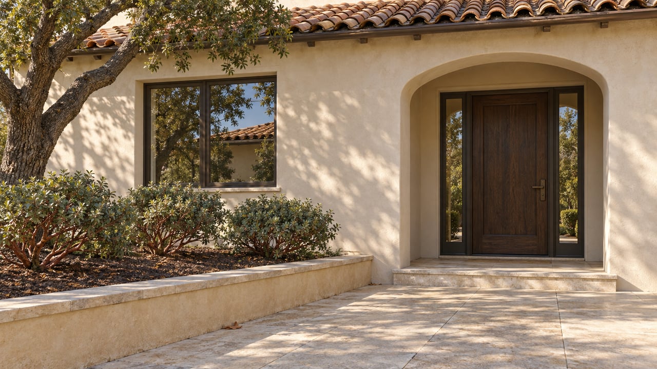 Warm stucco home with clay roof tiles, an arched oak doorway and limestone approach beside a mature oak and manzanita planting terrace.