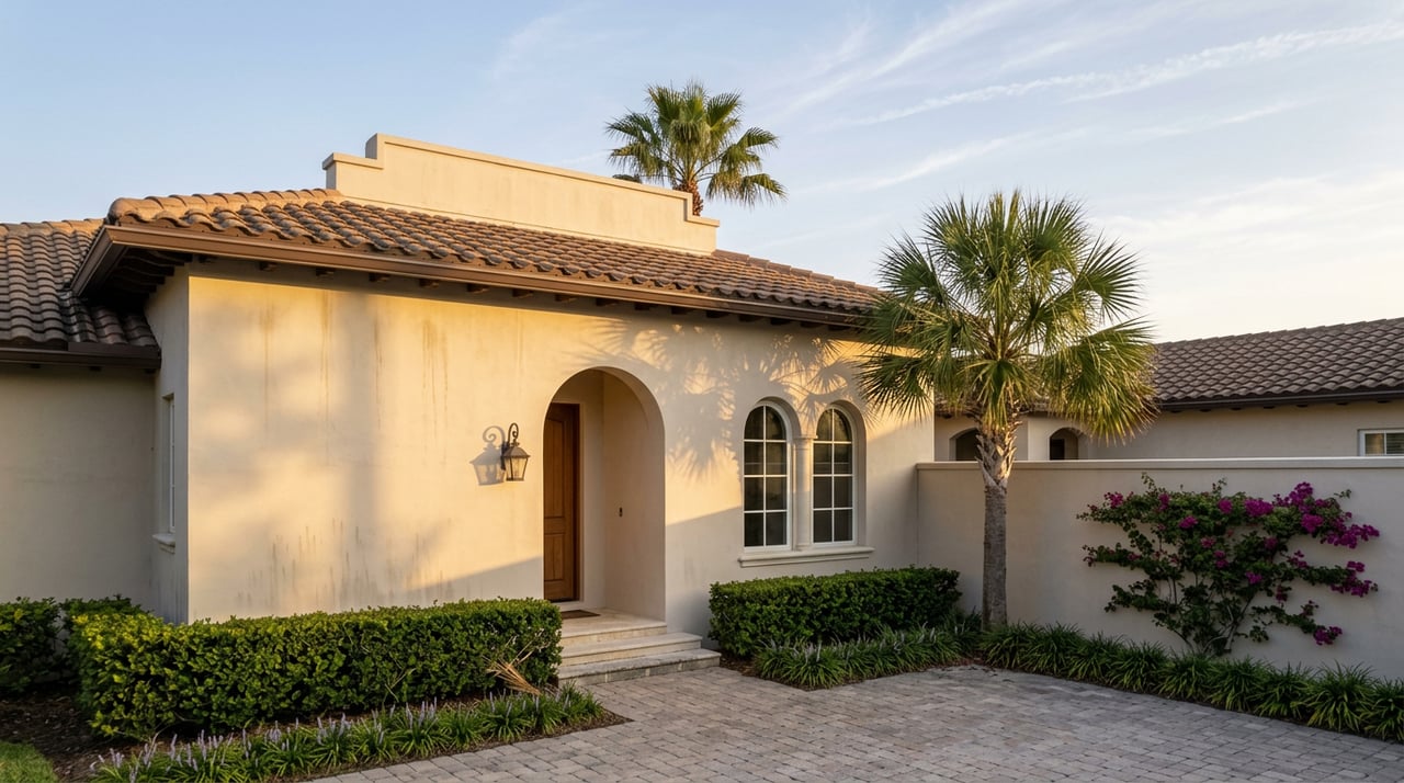 Mediterranean Revival home with an arched entry, clay tile roof, palm, and magenta bougainvillea along a courtyard wall.