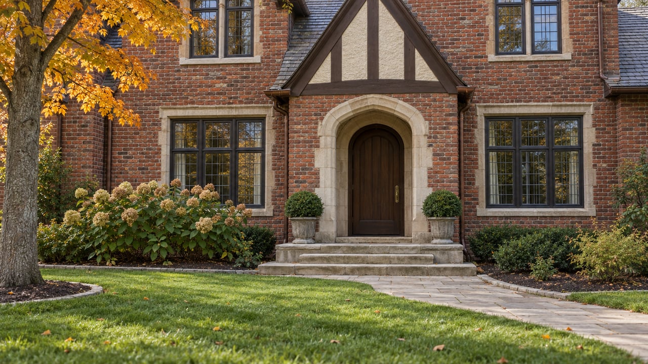 Older red-brick home with a limestone arched entry, dark oak door, leaded windows and a curved stone walk across a deep lawn.