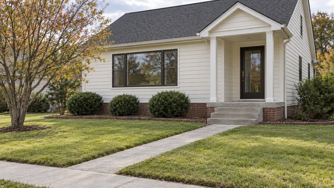 Cream clapboard house with a recessed porch, diagonal concrete walk, front lawn, and young autumn leaves.