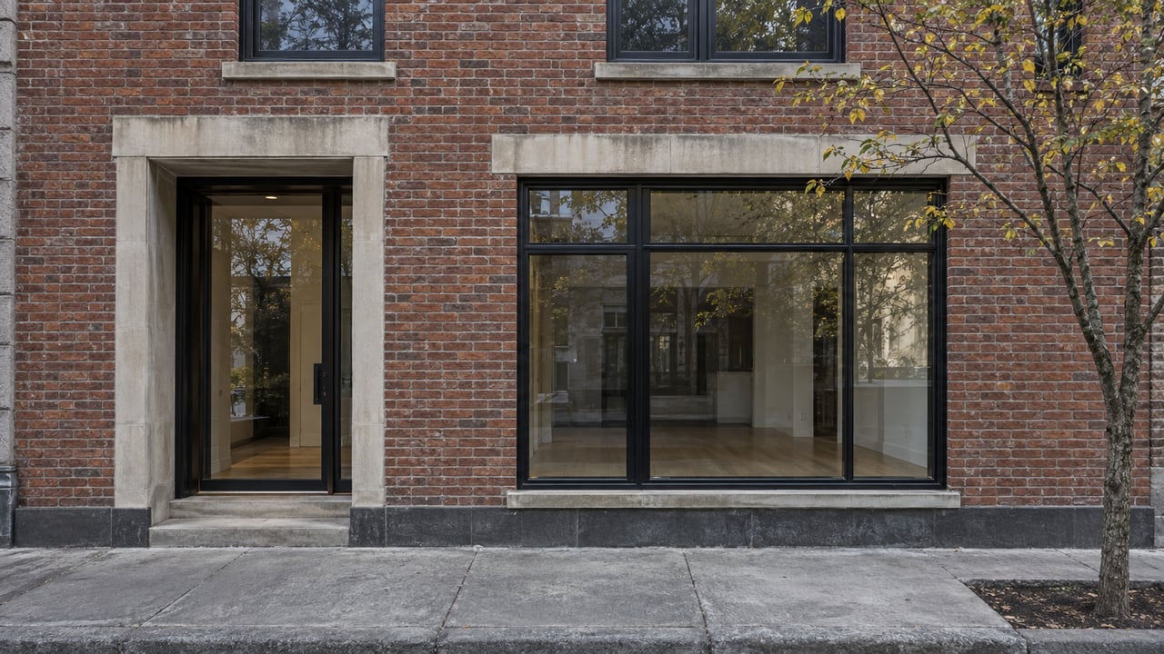 Brick residential facade with black-framed windows, a recessed glass entrance, and a sidewalk tree with sparse yellowing leaves.