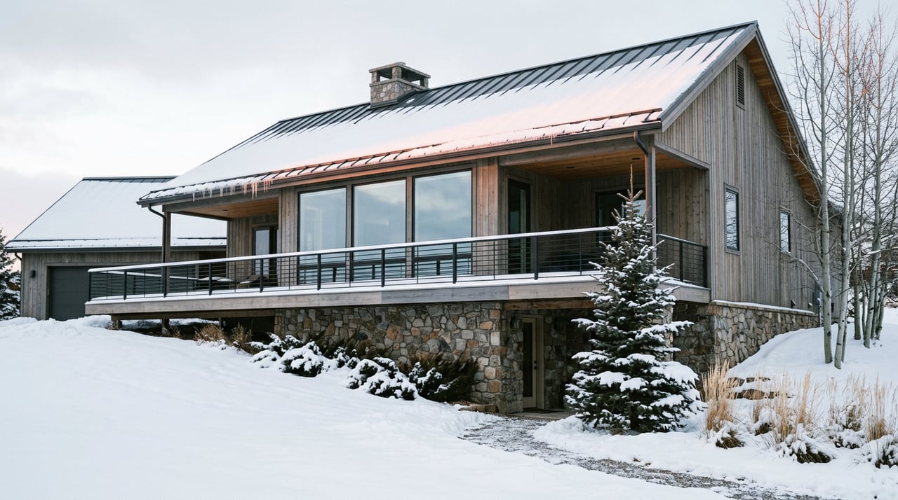 Snow-covered modern mountain home with broad windows, cedar siding, and a snowy deck.