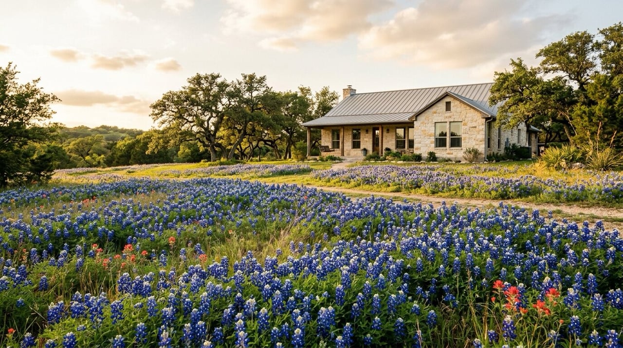 Texas bluebonnets blooming along a road with a suburban home behind, spring selling season in Austin