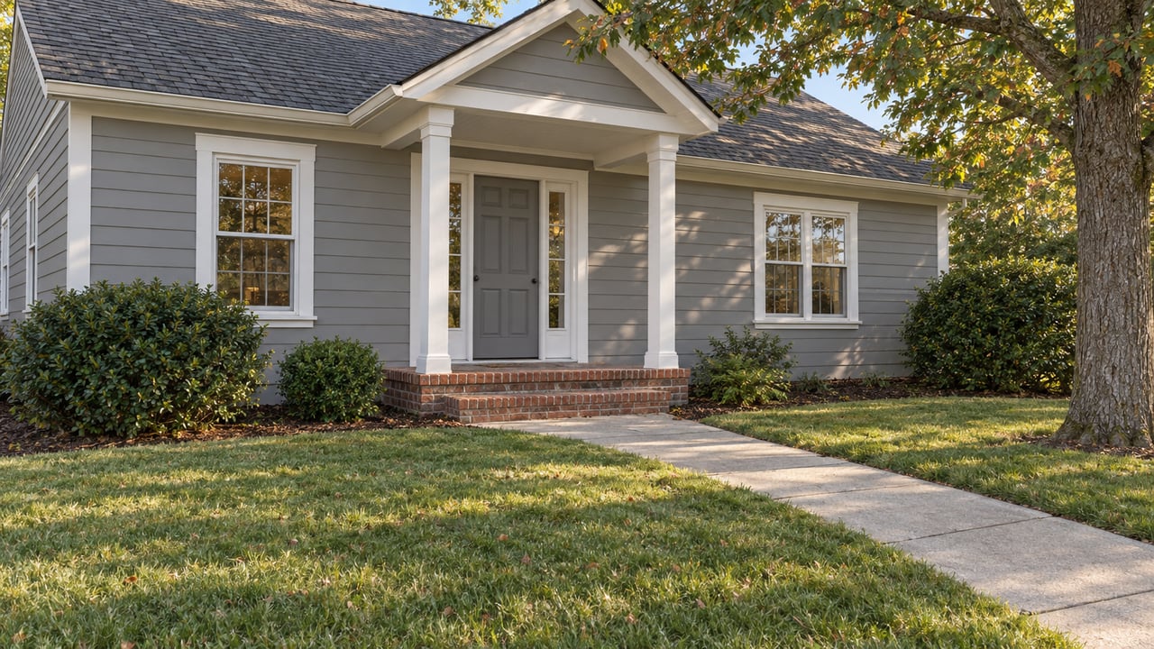Gray gabled home with white trim, a brick entry, broad lawn and a mature oak in soft afternoon light.