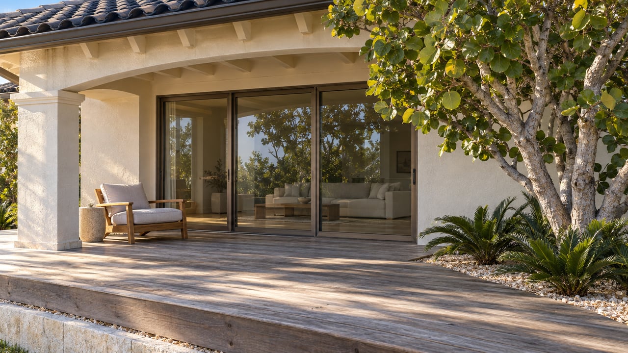 Cream stucco home with an arched covered terrace, silvered wood deck, bronze sliding doors and a sculptural sea grape tree.
