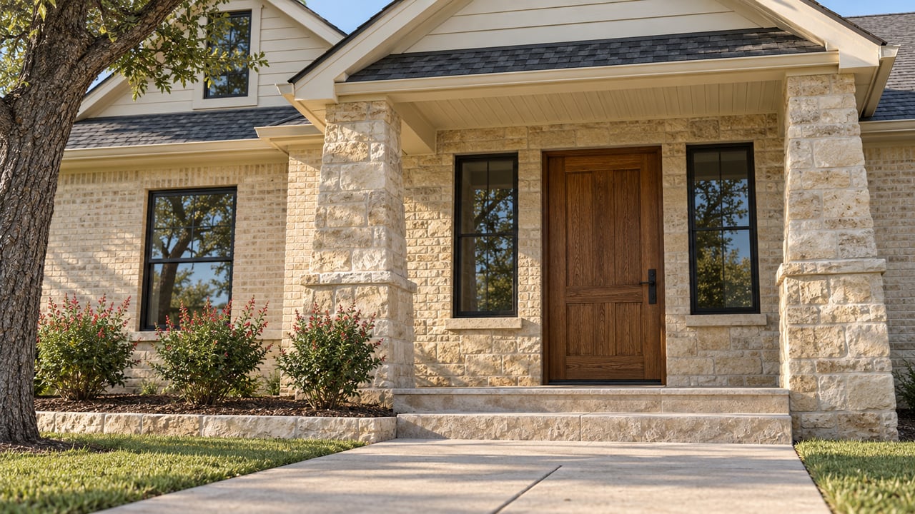Sunlit limestone and cream-brick home entry with an oak door, paired black-framed windows, shallow stone steps and flowering sage beside the walk.