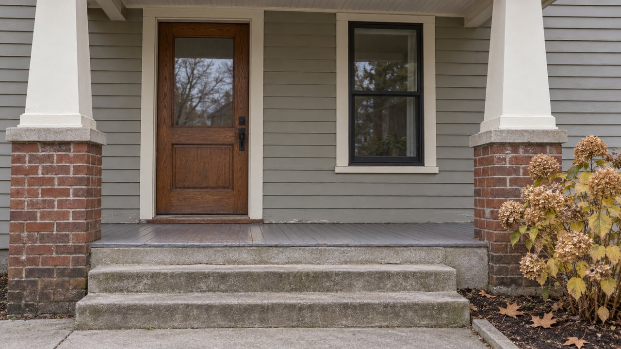 A glazed oak front door beneath a covered timber porch, with brick column bases, worn concrete steps and dried hydrangea flowers.