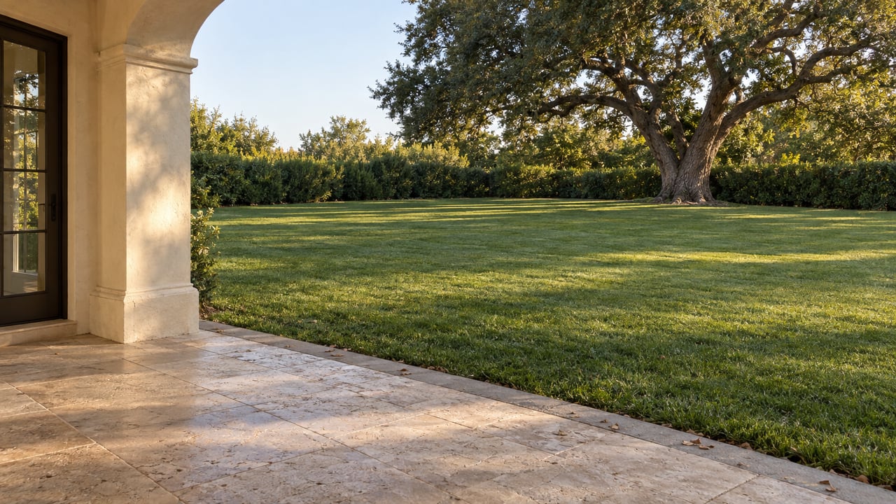 Cream-plastered loggia overlooks a deep lawn ending at a spreading oak, with a limestone terrace in the foreground.