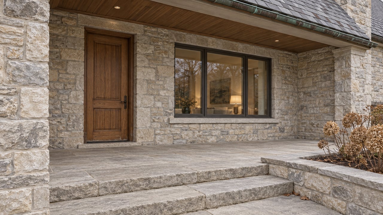 Sheltered limestone entry with an oak door, bronze-framed window and dried hydrangea flowers beside broad stone steps.