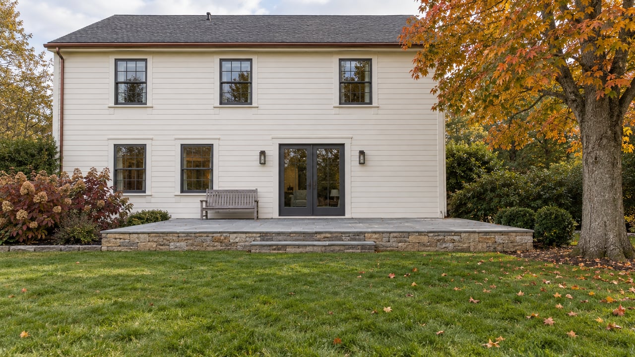 An ivory clapboard home with a raised stone terrace, deep autumn lawn, oakleaf hydrangeas and an amber sugar maple.