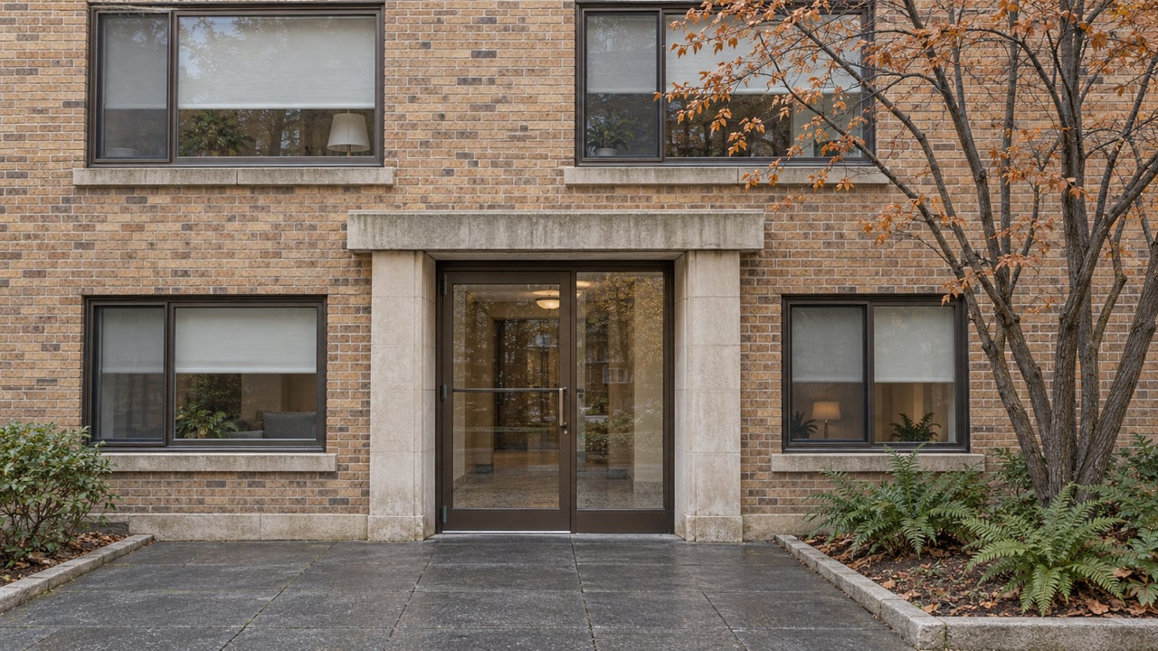 Buff brick apartment facade with bronze-framed windows and a glazed communal entrance beside an autumn serviceberry.