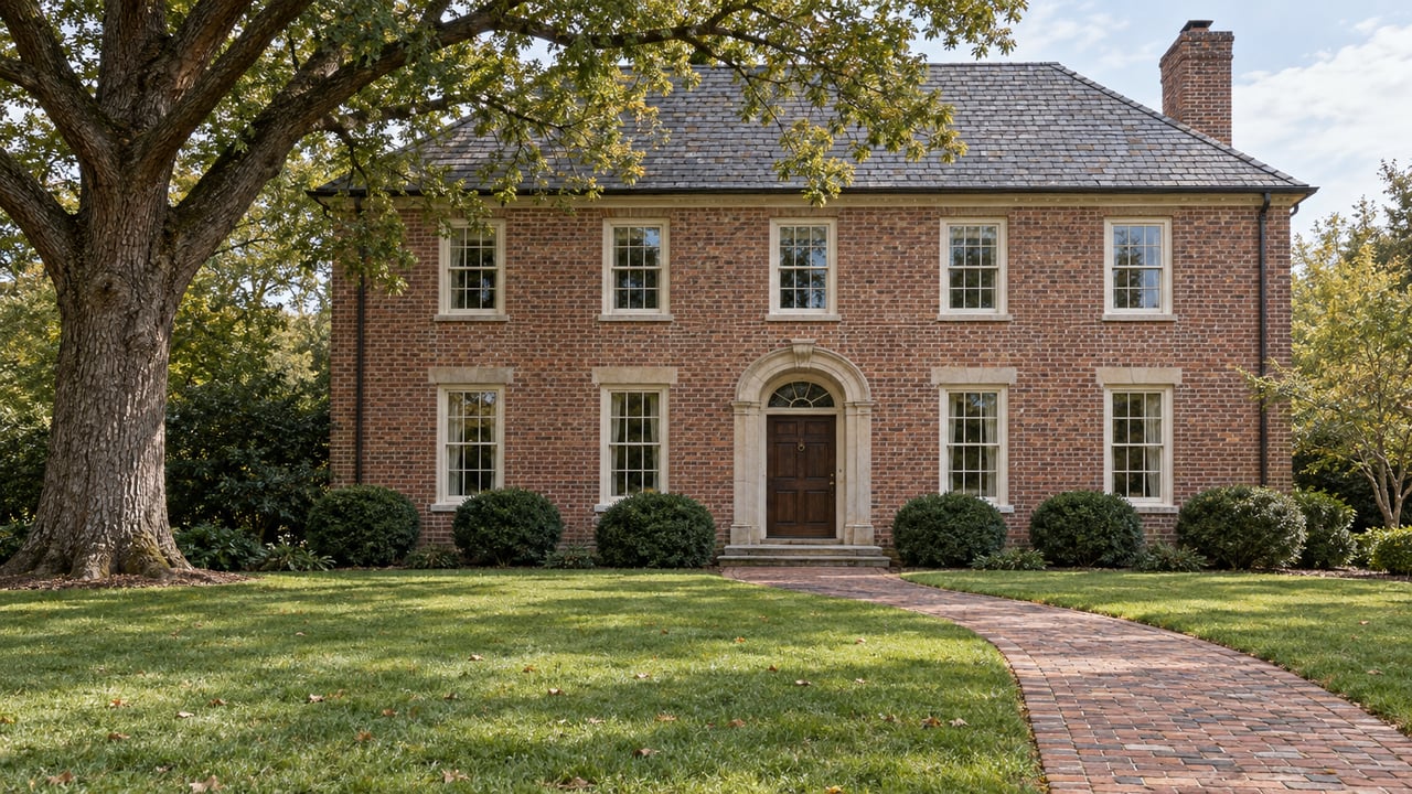 A traditional two-story brick home with a slate roof, arched stone entry and deep front lawn beneath a mature white oak.