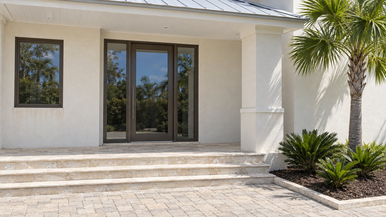 Raised stucco home entrance with bronze-framed glass, pale limestone steps, and a fan palm beside an edged planting bed.