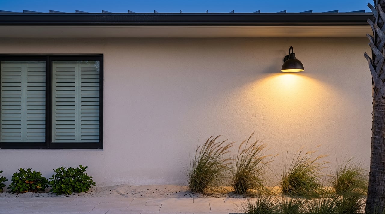 Shielded amber wall sconce casts a warm pool on stucco beside a shuttered slider and dune grasses at dusk.