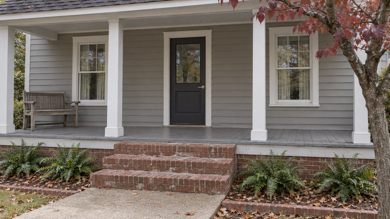 Gray clapboard home with a covered porch, paired windows, brick steps and burgundy dogwood leaves.
