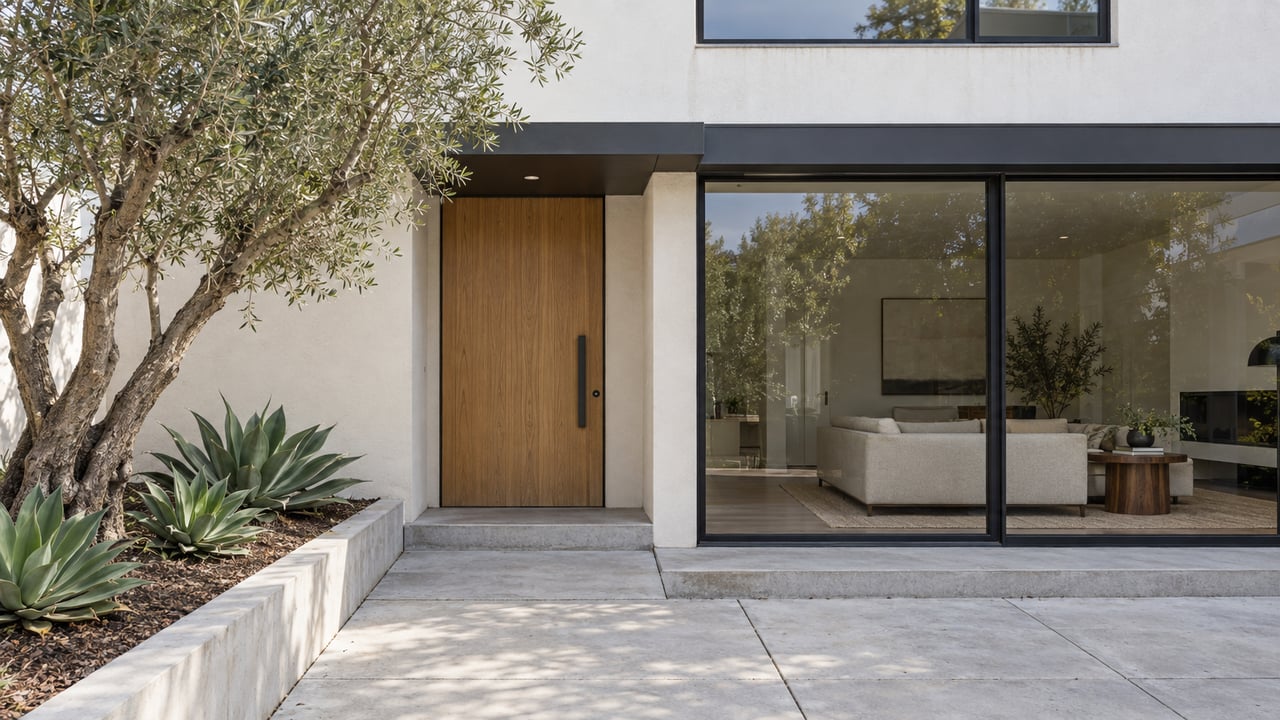 White stucco home with an oak entry door, black-framed living-room windows and a raised bed containing an olive tree and three sculptural agaves.