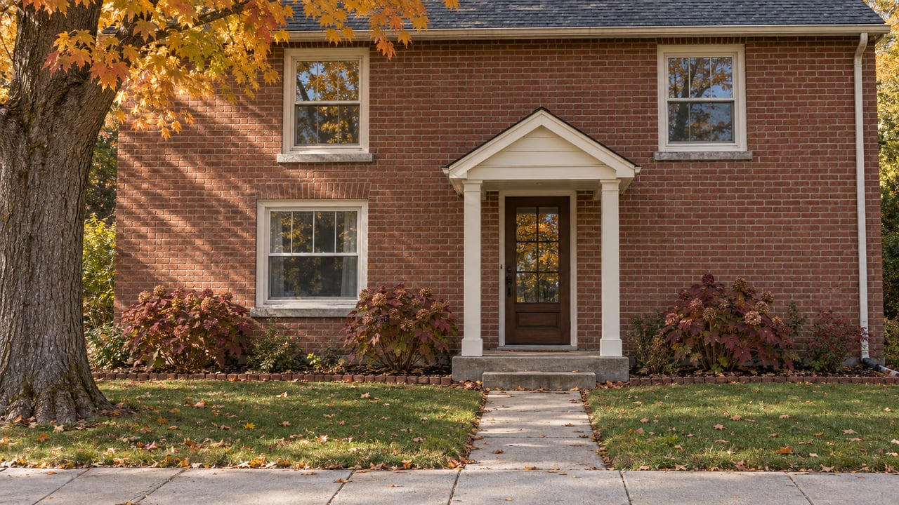 Red-brick two-story house with a gabled porch, short walkway, hydrangeas, and autumn maple leaves.