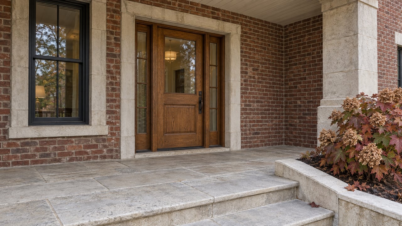 Sheltered oak entrance with paired glass sidelights, weathered brick, limestone porch steps and copper-red oakleaf hydrangea.