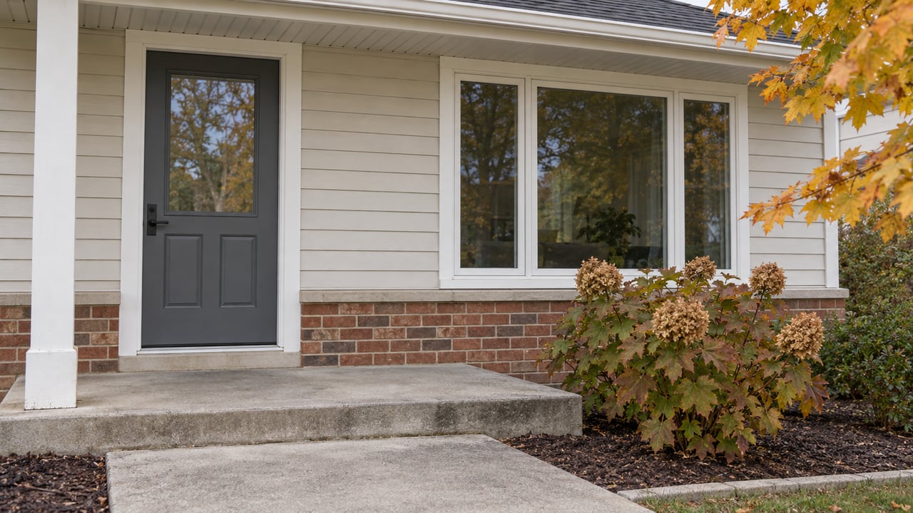 Covered front porch with an ivory-sided facade, slate-gray glazed door, white-framed window, and russet oakleaf hydrangea beside a concrete step.