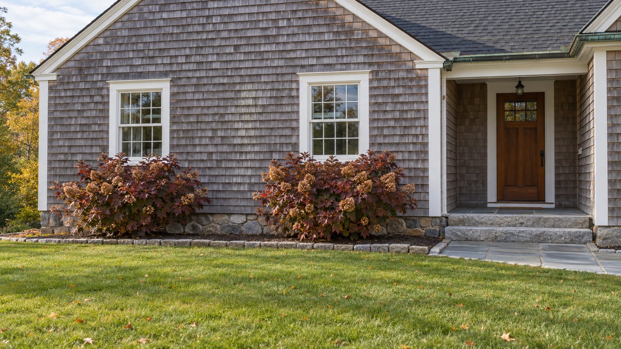 Weathered cedar-shingle home with white multi-pane windows, granite entry steps, oakleaf hydrangeas and a broad autumn lawn.
