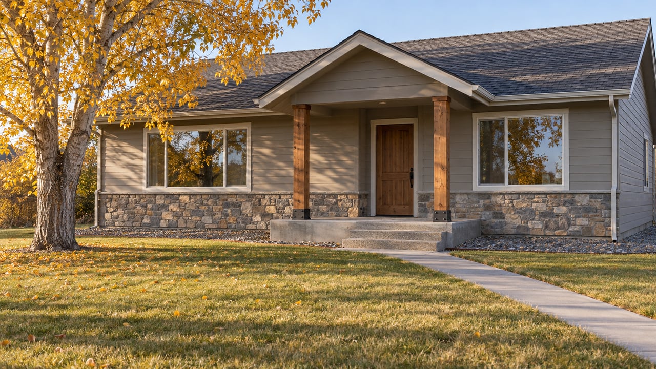 A modest gabled home with timber porch posts and a deep autumn lawn beneath a gold-leaved cottonwood.