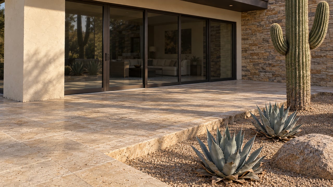Sunlit stone terrace beside cream stucco and closed bronze-framed glass doors, with a saguaro and two blue-gray agaves in a raised-edge gravel bed.