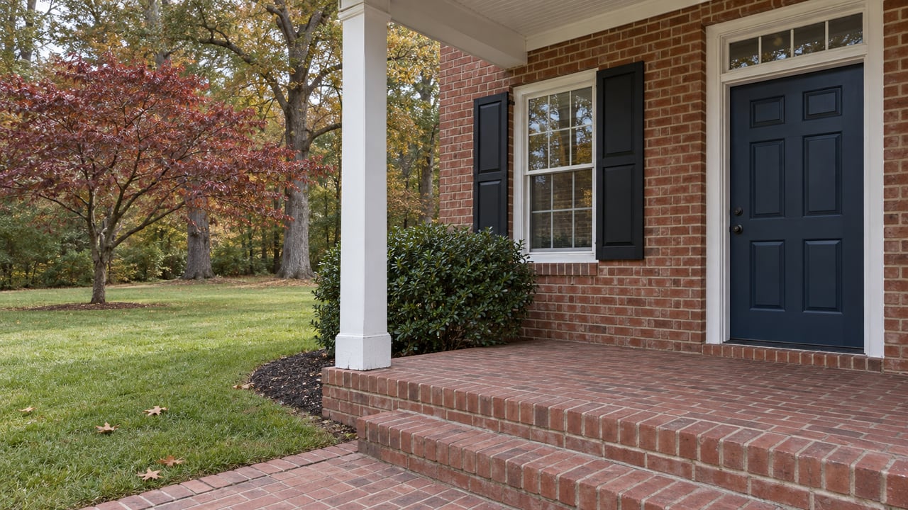 Covered brick porch with a navy paneled door, white trim, and a lawn bordered by autumn dogwood and oak trees.