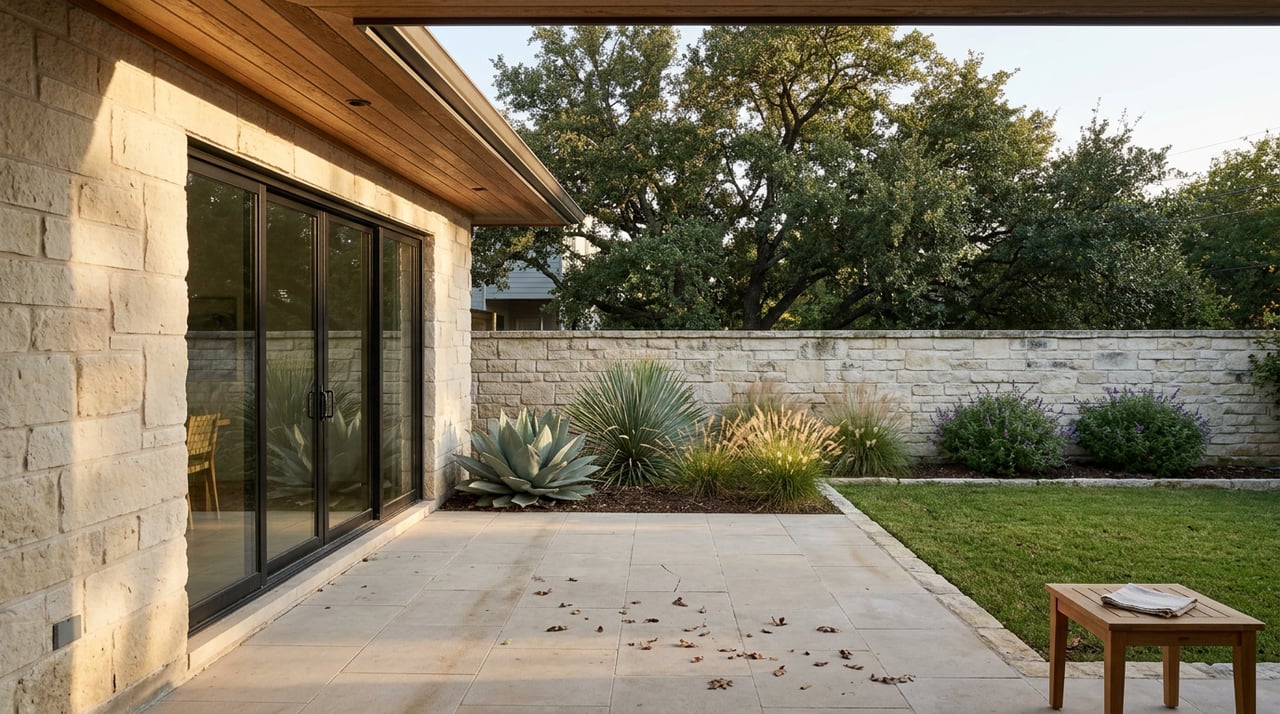 Limestone patio and narrow lawn beneath a cedar porch, with agave, grasses, and long afternoon shadows.