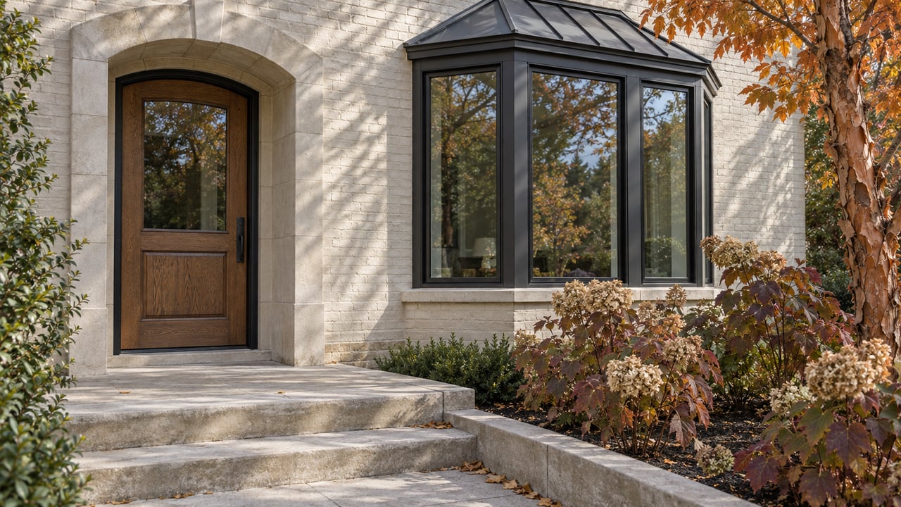 Ivory painted-brick home with an arched oak entry, black-framed window bay, limestone steps and autumn planting in late-morning light.