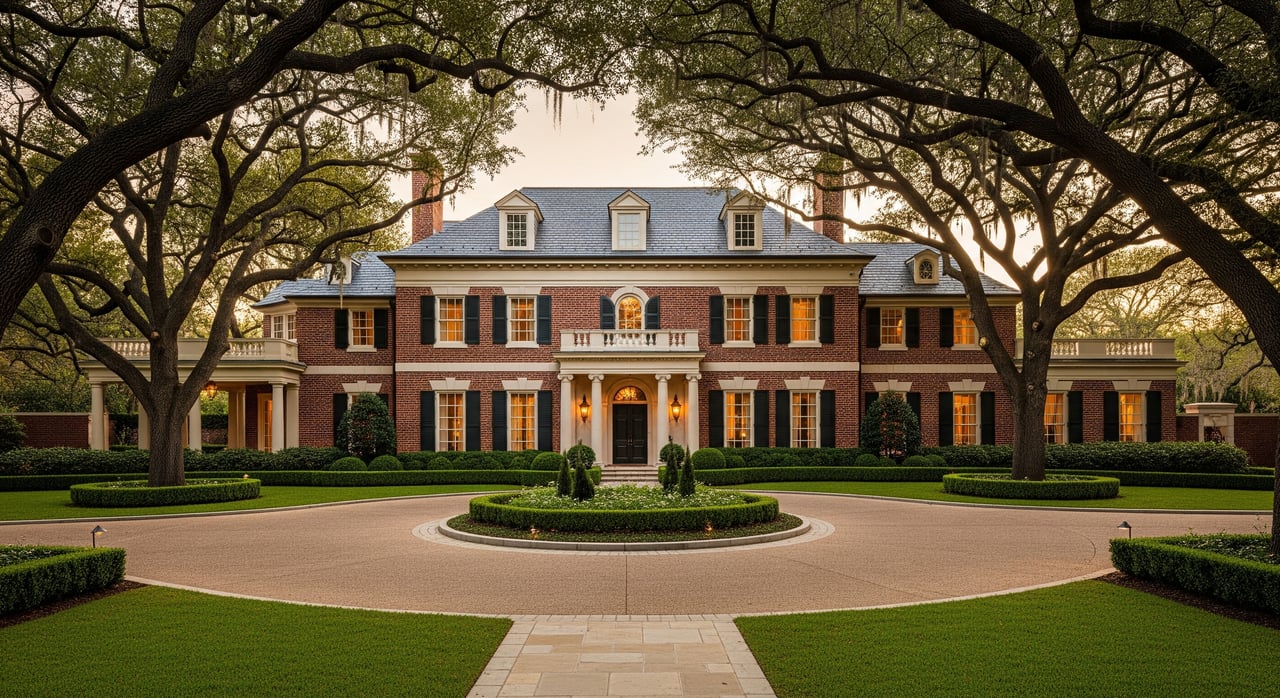 Large red-brick mansion with white trim, framed by sprawling oak branches above a circular driveway.