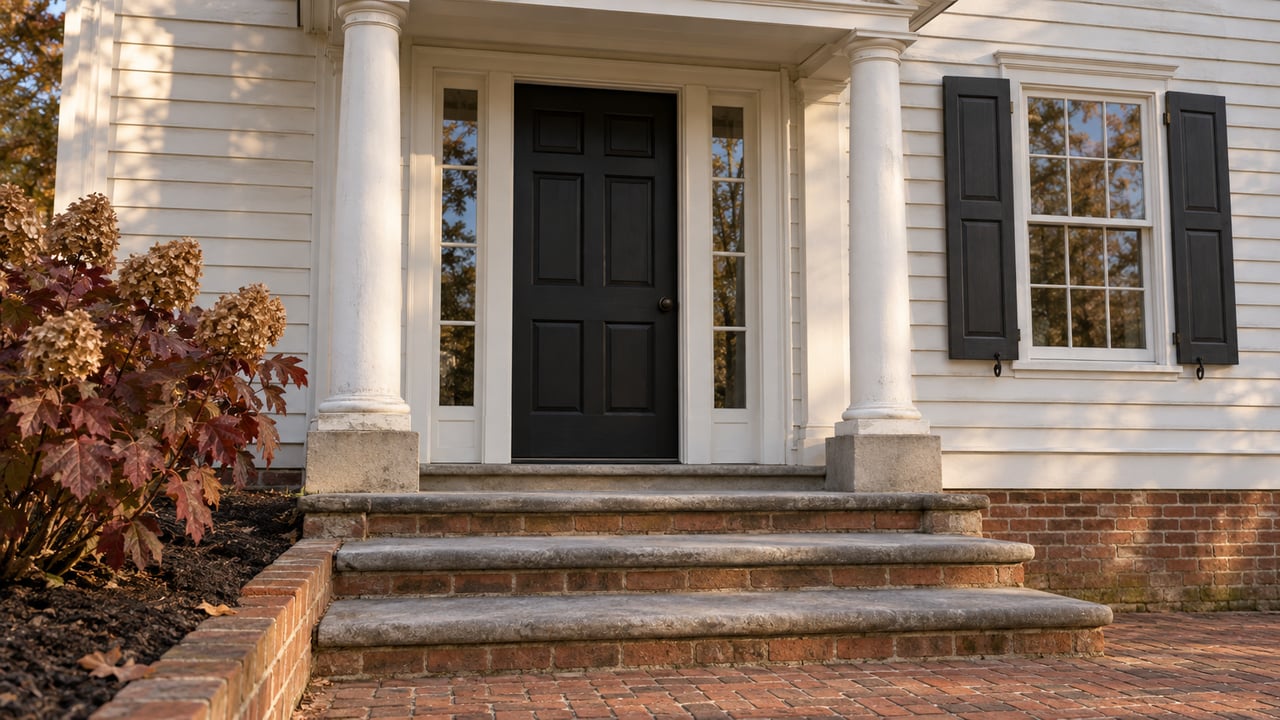White clapboard home entry with black door, paired sidelights, painted columns, worn limestone steps and autumn oakleaf hydrangea.