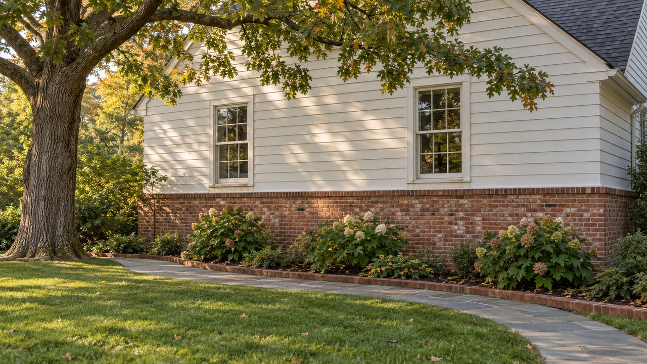 Ivory clapboard home with brick lower walls, an oak canopy, lawn, and a curving bluestone walk.