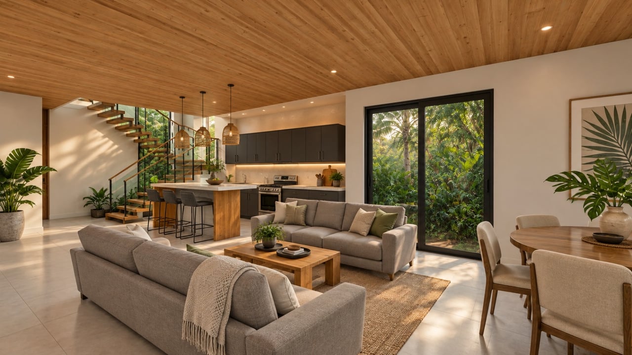 Open-plan living room with a wood ceiling, floating staircase, and large doors facing tropical greenery.