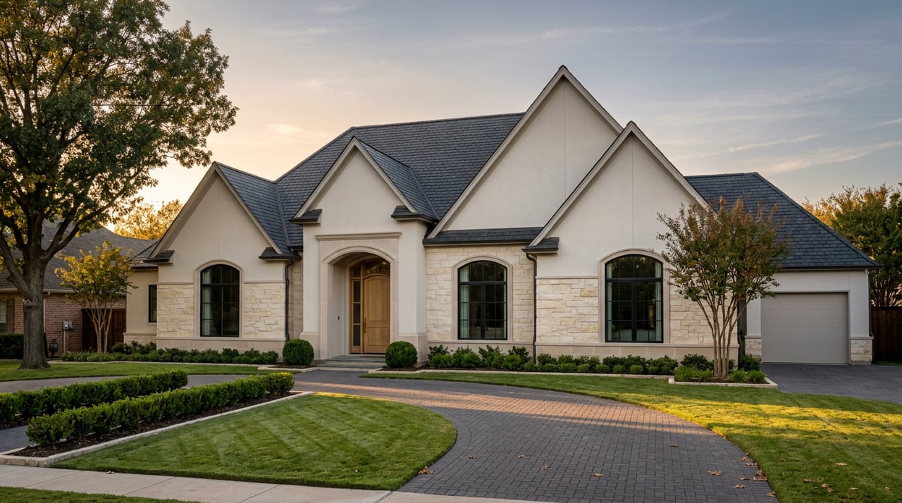 Cream limestone estate with arched entry and windows, dark multi-gable roof, broad striped lawn, and curved paver drive.