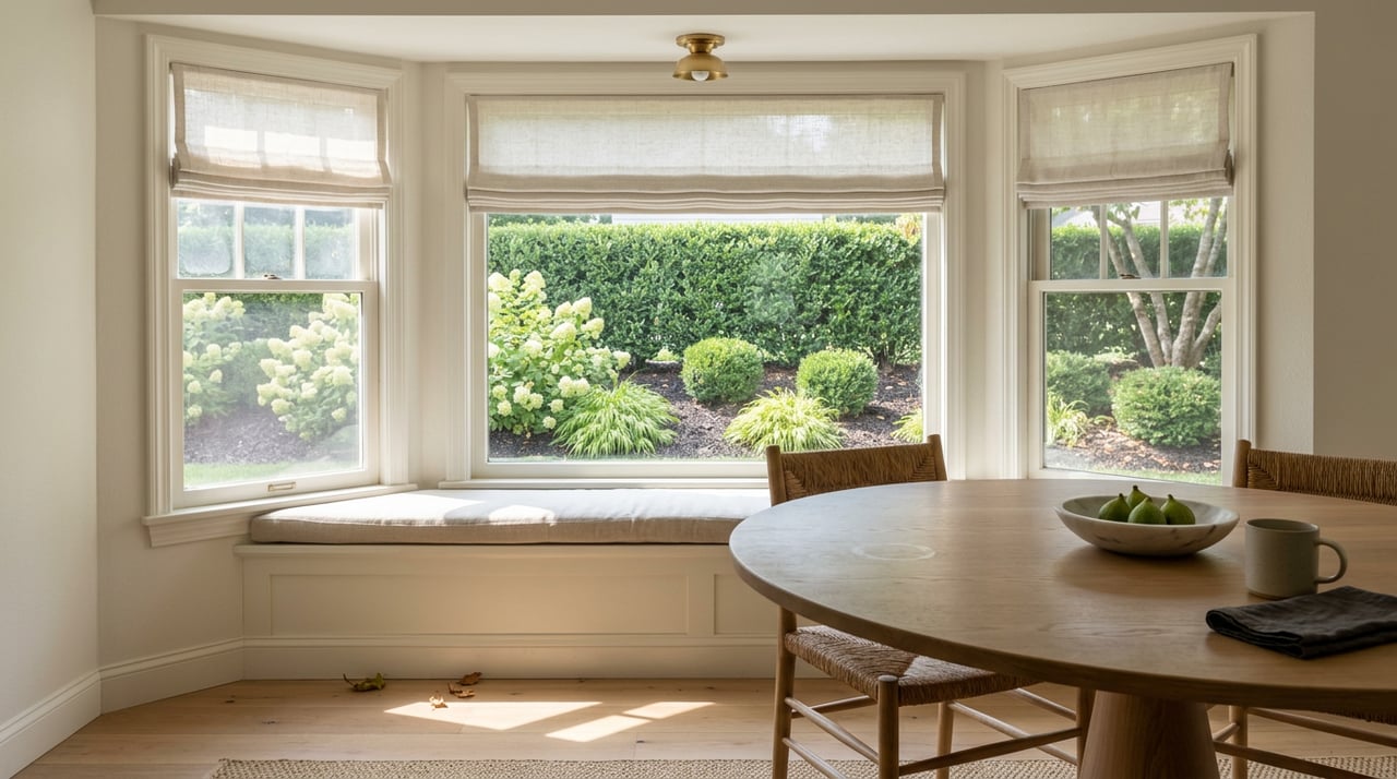 Breakfast nook with a round oak table, linen-cushioned bay window bench, and green-cream hydrangeas outside.