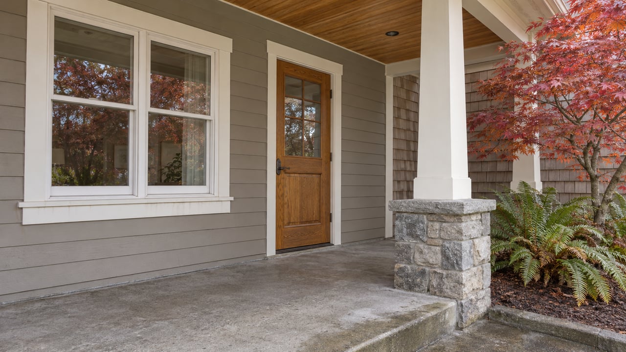 Covered front porch with a glazed oak door, gray clapboard siding, a stone-based timber column and copper-red Japanese maple leaves.