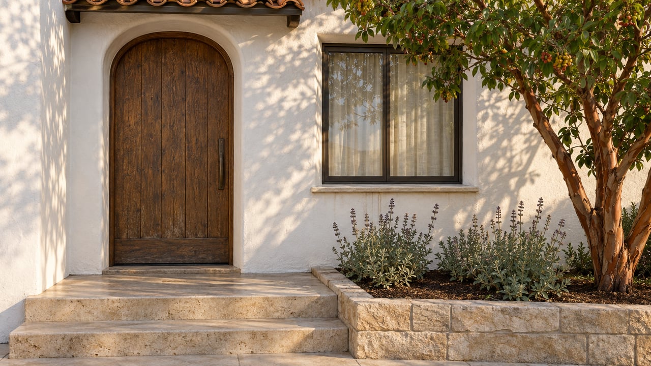 Late-afternoon light on a white stucco home with an arched oak door, bronze-framed window and limestone entry steps beside a strawberry tree.